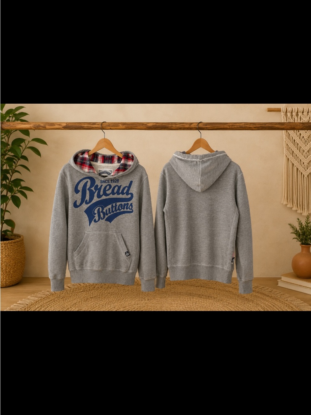 1928 Bread and Buttons Women's Gray Hooded Sweatshirt with Plaid-Lined Hood